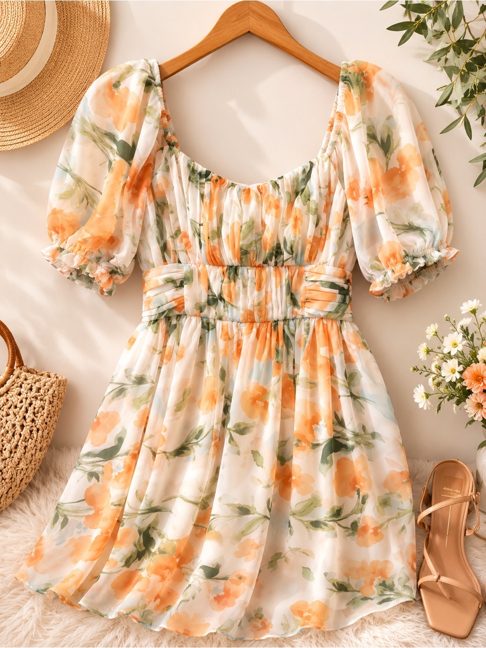 Abercrombie & Fitch Floral Mini Dress L Puff Sleeve Square Neck Smocked Back
